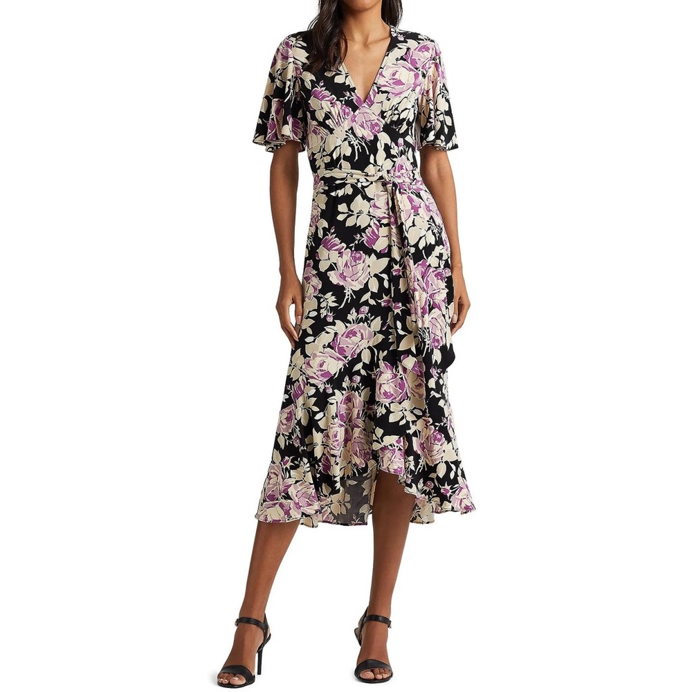 Ralph Lauren Floral Belted Jersey Dress Black Label LRL Size 8 New